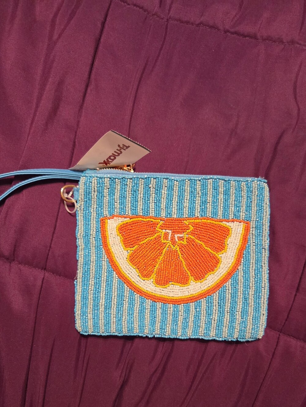 Beaded Citrus Wristlet Pouch in Turquoise & Orange
